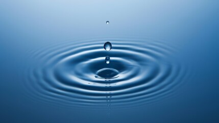 Leinwandbilder - A single clear water drop falling into a calm blue surface, creating perfect circular ripples spreading outward