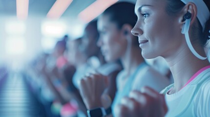 A high-energy commercial for a new fitness tracker, showing people using the tracker during various workouts, with close-ups of the device and its features
