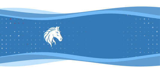 Poster - Blue wavy banner with a white horse's head symbol on the left. On the background there are small white shapes, some are highlighted in red. There is an empty space for text on the right side