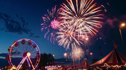 Leinwandbilder - A spectacular fireworks show lighting up the night above a festive carnival, with Ferris wheel lights in the background