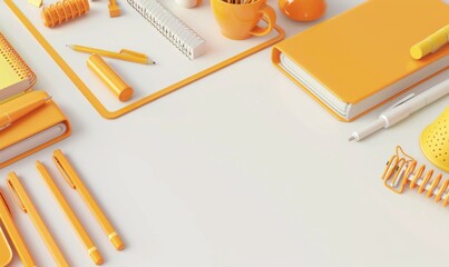 Wall Mural - Top view of orange stationery items on a desk, creating an organized workspace