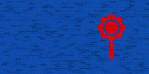 Wall Mural - Blue Brick Wall with large red chamomile symbol. The symbol is located on the right, on the left there is empty space for your content. Vector illustration on blue background