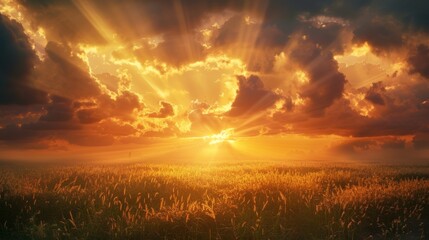 Poster - A sunset with the sun's rays filtering through clouds over a tranquil countryside