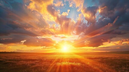 Poster - A sunset with the sun's rays filtering through clouds over a tranquil countryside