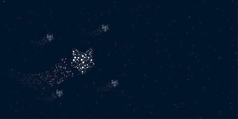 Poster - A fox's head symbol filled with dots flies through the stars leaving a trail behind. There are four small symbols around. Vector illustration on dark blue background with stars