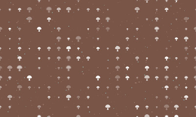 Wall Mural - Seamless background pattern of evenly spaced white mushroom symbols of different sizes and opacity. Vector illustration on brown background with stars