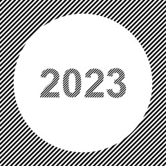 Poster - A large 2023 year symbol in the center as a hatch of black lines on a white circle. Interlaced effect. Seamless pattern with striped black and white diagonal slanted lines