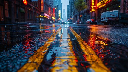Aufkleber - A vacant city street during a heavy rainstorm, with water streaming down the pavement and reflections of streetlights.