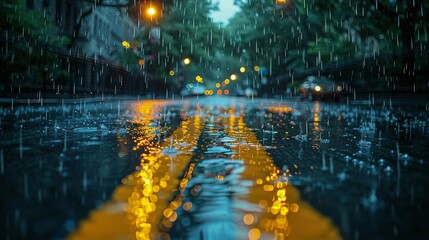 Poster - A vacant city street during a heavy rainstorm, with water streaming down the pavement and reflections of streetlights.