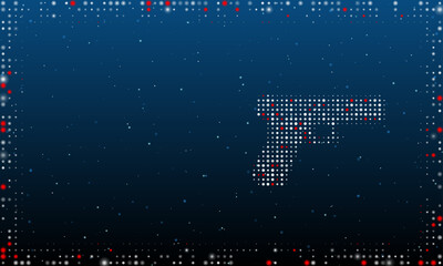 Poster - On the right is the gun symbol filled with white dots. Pointillism style. Abstract futuristic frame of dots and circles. Some dots is red. Vector illustration on blue background with stars