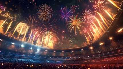 Poster - A vibrant array of fireworks lighting up the night over a large stadium, with a cheering crowd and illuminated seats