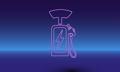 Poster - Neon electric charging station symbol on a gradient blue background. The isolated symbol is located in the bottom center. Gradient blue with light blue skyline