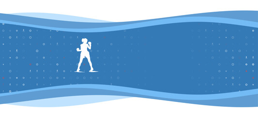 Poster - Blue wavy banner with a white boxer girl symbol on the left. On the background there are small white shapes, some are highlighted in red. There is an empty space for text on the right side