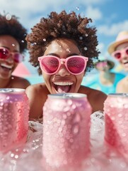 Poster - A refreshing advertisement for a new line of flavored sparkling water, featuring people enjoying the drinks at a beach party, with close-ups of the cans and the refreshing bubbles