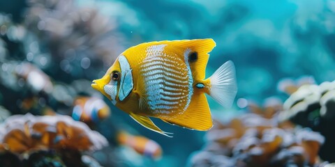 Wall Mural - Yellow and White Butterfly Fish in a Vibrant Aquarium