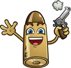 Bullet cartoon character smiling and holding a pistol gun and celebrating his freedom to practice his second amendment right to bear arms with liberty and justice for all