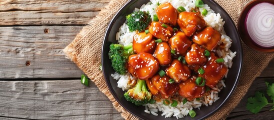 Sticker - Close-Up of Sweet and Sour Chicken with Rice and Broccoli