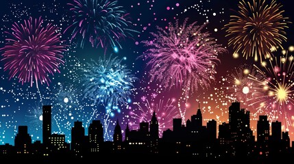 Leinwandbilder - Bright fireworks exploding in a variety of shapes and colors above a cityscape, with silhouetted buildings below