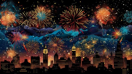 Leinwandbilder - Bright fireworks exploding in a variety of shapes and colors above a cityscape, with silhouetted buildings below
