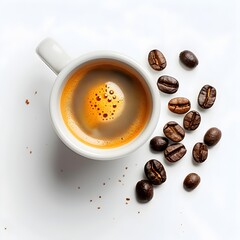 Poster - Aromatic Espresso with Creamy Crema and Coffee Beans on White Background