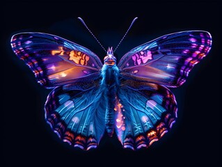 Poster - Captivating Neon Butterfly  Vibrant Blues and Purples Against Enigmatic Black Backdrop