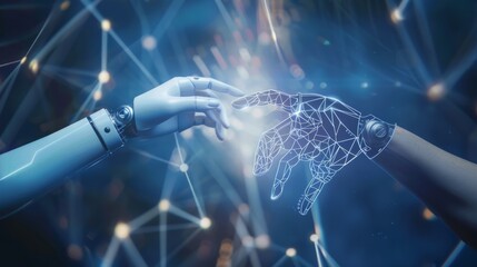 Aufkleber - Close-up of human and robot hands connecting with holographic data streams in the background, illustrating AI collaboration