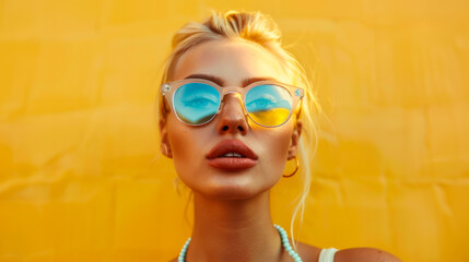 Wall Mural - Portrait of a beautiful woman in glasses posing on a bright yellow background. Fashion model on a yellow background enjoying a sunny day. Fashion concept.