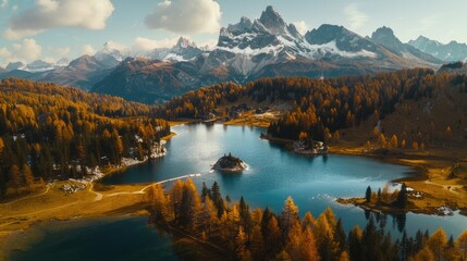 Lake Mountain. Aerial View of Dolomites Alpine Landscape with Blue Lake and Autumn Colors
