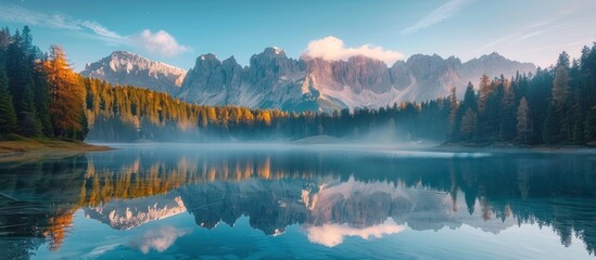 Wall Mural - Misty Morning Reflection on a Mountain Lake