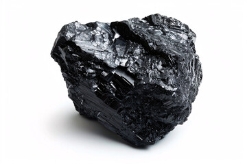 A single piece of shiny black coal displayed on a white background