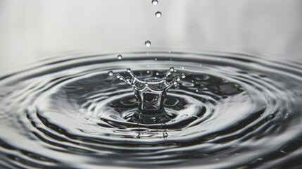 Poster - Crystal clear droplet of water splashing into a reflective water surface, creating gentle circular ripples