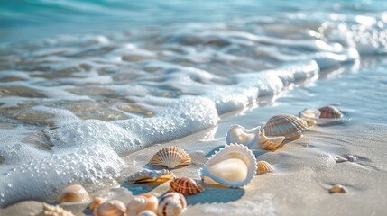 Wall Mural - Crystal clear waves gently rolling onto a sandy beach with seashells scattered around
