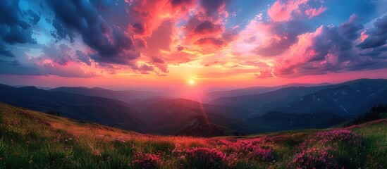 Wall Mural - Mountain Sunset with Pink Clouds and Meadow
