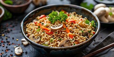 Wall Mural - Classic Meal Choice Asian Instant Noodles with Shiitake Mushrooms and Vegetables. Concept Asian cuisine, Instant noodles, Shiitake mushrooms, Vegetables, Classic meal