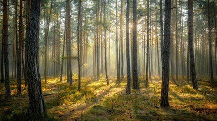 Aufkleber - Dense pine forest with a foggy backdrop and scattered light filtering through the branches