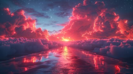 Poster - Empty road with glowing neon reflections and billowing smoke under a starless night sky.