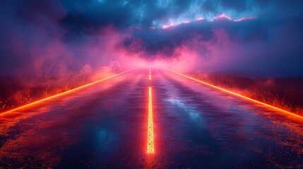 Aufkleber - Empty roadway with vibrant neon reflections and drifting smoke under a dark sky.