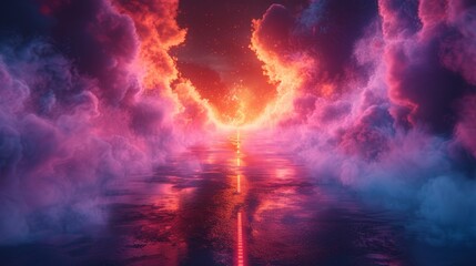 Aufkleber - Empty roadway with vibrant neon reflections and drifting smoke under a dark sky.