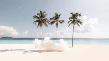 Wall Mural - Three tall palm trees stand on pristine white sand beach. Turquoise ocean meets pale sky on horizon. Dreamy atmosphere with soft, muted colors. Wispy clouds float above. 