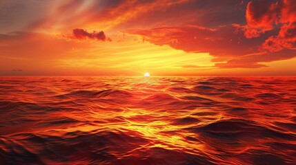 Wall Mural - Fiery red sunset over a calm ocean with gentle waves