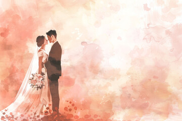 Sticker - A bride and groom standing close together with a soft pink watercolor background.

