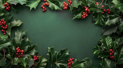 Canvas Print - Flat lay with holly leaves berries on green background Holly branches holiday theme and copy space