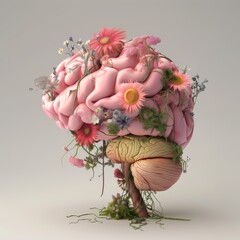 Wall Mural - a pink brain growing beautiful plants and flowers photo	