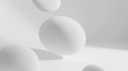 all white round floating object, irregular shape with rounded matte texture, artistic design, blurred foreground, white empty space