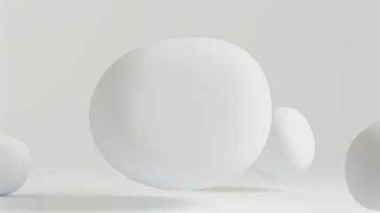 all white round floating object, irregular shape with rounded matte texture, artistic design, blurred foreground, white empty space
