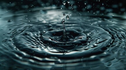 Poster - High-speed capture of a water drop making contact with a serene water surface, with detailed circular waves expanding in all directions