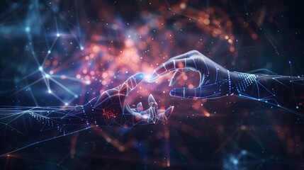 Aufkleber - Human and robotic hands coming together with a background of futuristic data visualizations, showcasing innovation in artificial intelligence