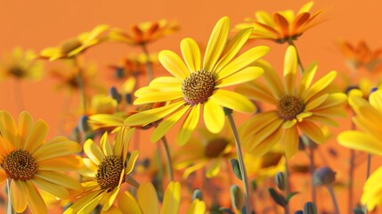 Wall Mural - 3d render of yellow daisies field on orange background