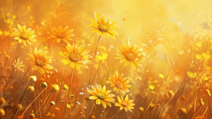 Wall Mural - 3d render of yellow daisies field on orange background