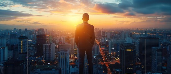 Wall Mural - Businessman Admiring the City at Sunset